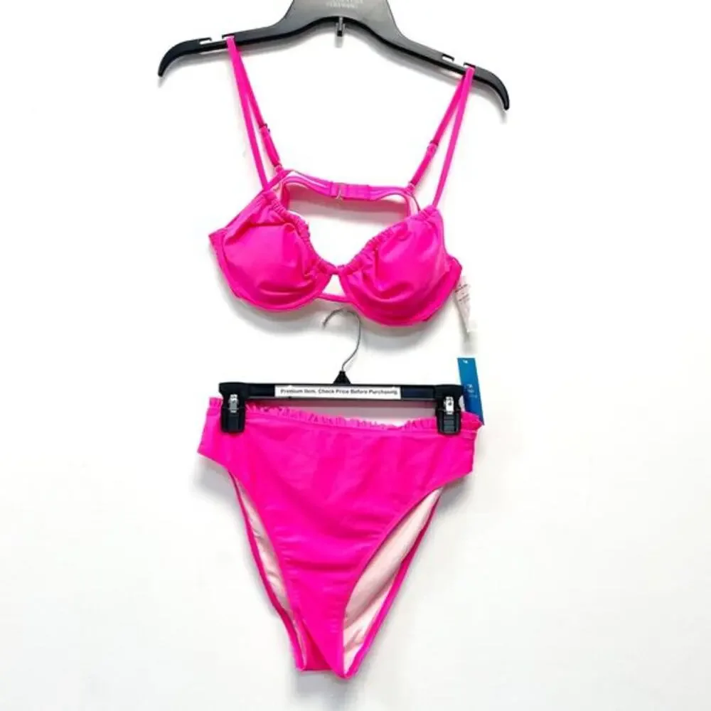 Cupshe Women's Hot Pink‎ Push Up High Cut Cheeky Swim Bottom Set Size M